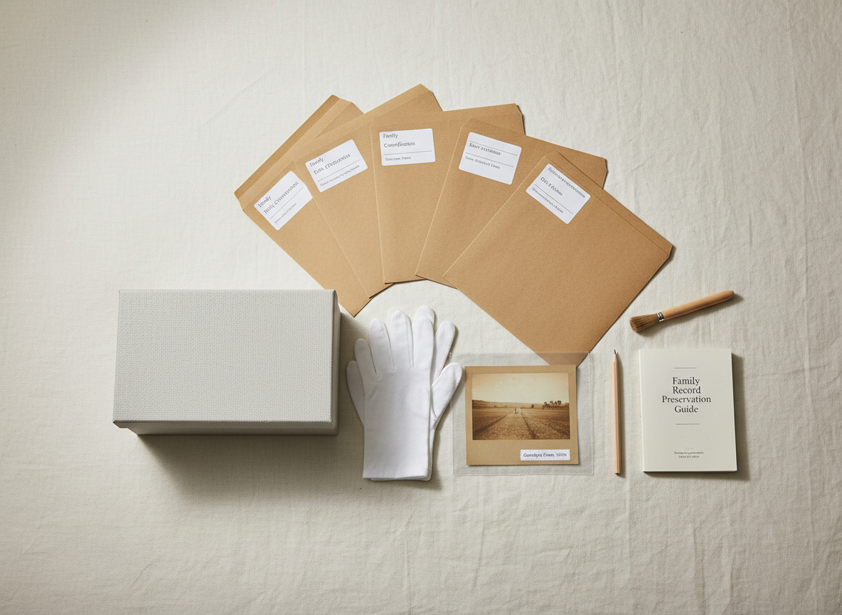 A carefully curated collection of archival genealogy tools arranged on a neutral linen backdrop: cotton gloves laid neatly beside a gray archival storage box, acid-free envelopes and folders fanned out to reveal their labels, and a small, clearly marked UV-protective photo sleeve containing a faded landscape photograph. A fine-bristled preservation brush and a PH-neutral pencil rest alongside a concise preservation guide booklet. Soft studio lighting from the upper left creates gentle, controlled shadows and subtle highlights on textures, conveying precision and care. The mood is professional and reassuring, ideal for educating beginners on proper document care. Photographic realism, centered overhead composition with sharp focus throughout, clean and minimal aesthetic emphasizing best practices in preserving family records.