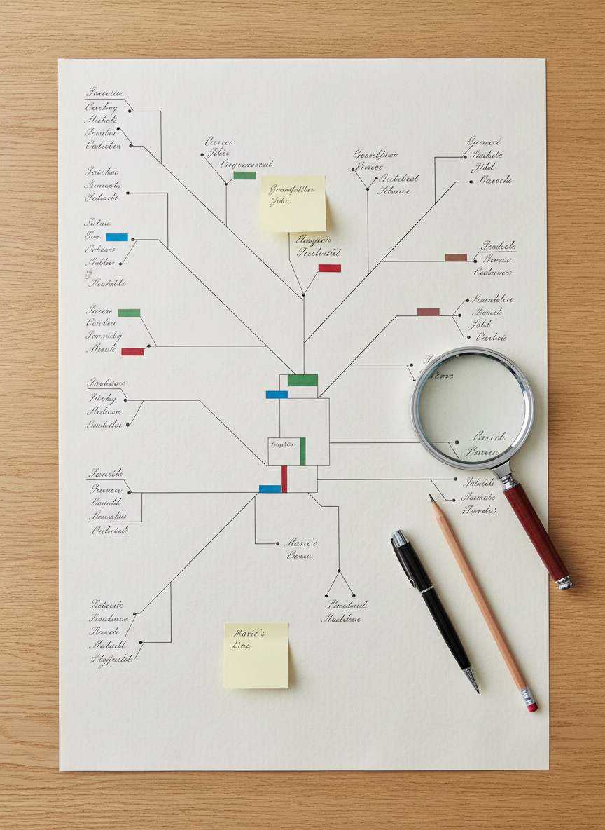 A close-up, top-down photographic view of a meticulously detailed family tree chart spread across a light oak table. Fine, black archival ink lines connect neatly written names on thick, cream-colored paper with a subtle texture. Colored tabs and sticky notes mark key ancestors and branches, while a high-quality magnifying glass, a sharpened pencil, and a slim archival pen rest along the edge. Soft, diffused daylight from above creates even lighting with minimal shadows, emphasizing clarity and order. The mood is focused and methodical, inviting beginners to explore structure and relationships. Photographic realism with sharp focus across the entire chart, clean and modern aesthetic, ample negative space around the edges for potential text overlay.