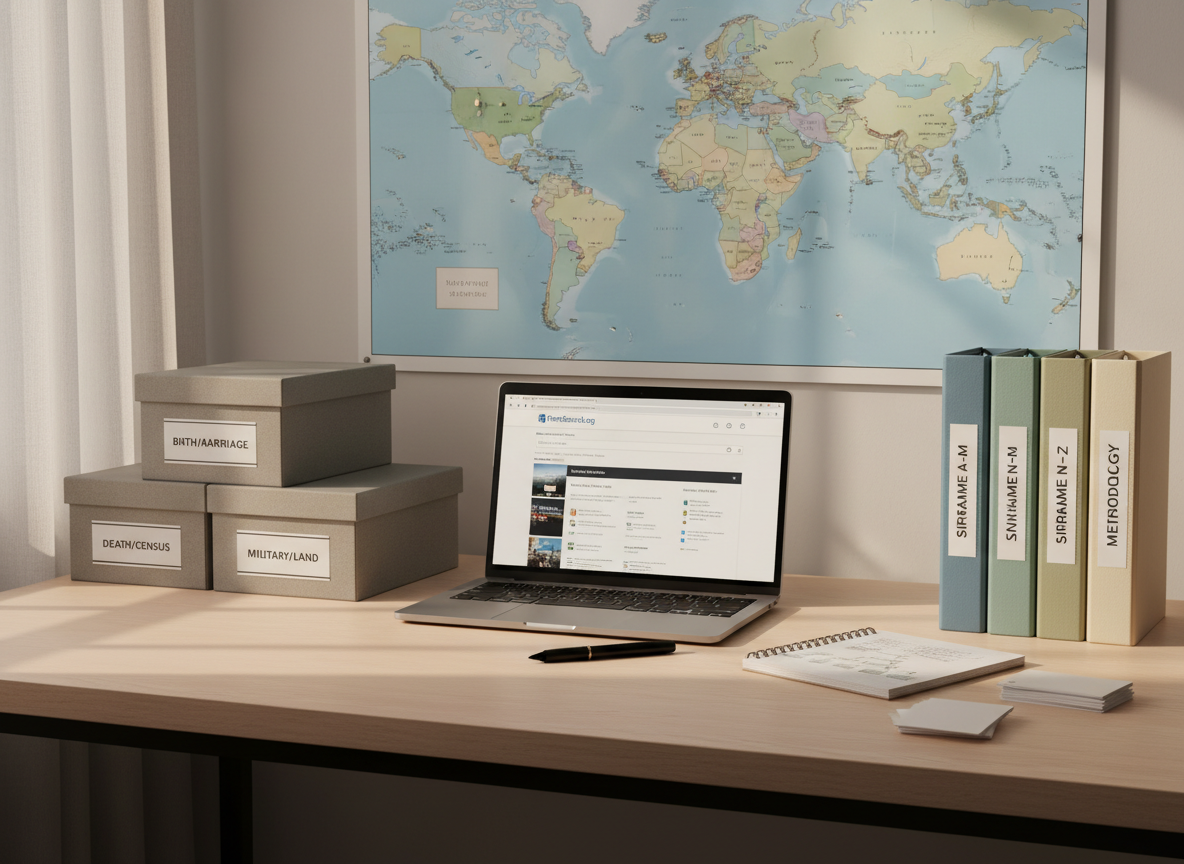 An organized genealogy research workspace featuring a modern laptop open to an online historical records search page, flanked by neatly stacked archival storage boxes and clearly labeled binders. A large world map with subtle pastel tones is mounted on the wall behind, with small, unobtrusive pins marking key ancestral regions. On the pale wooden desk, an open notebook with tidy handwritten notes sits beside a slim archival marker and a small stack of index cards. Warm, indirect afternoon light filters through sheer curtains, creating a soft, professional ambiance. Photographic realism, shot from a slightly elevated angle with balanced composition and moderate depth of field, emphasizing both digital and physical tools for starting family history research.