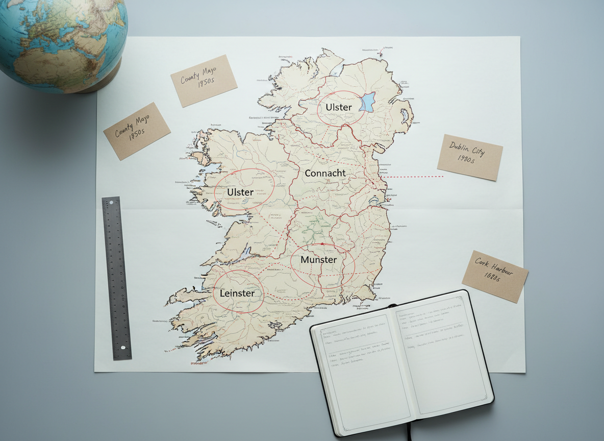 An overhead, photographic view of a large, detailed map of a single country spread flat on a smooth, light-gray desk surface, with key ancestral regions circled in fine red ink. Around the map are neatly arranged, labeled index cards listing locations and dates, a slim metal ruler, and a small archival notebook open to a timeline of migrations. A simple, modern globe in muted tones sits near the top edge, partially cropped for visual interest. Cool, diffused daylight from above-left produces minimal glare and soft shadows, creating a calm, analytical mood. Photographic realism with crisp, sharp focus across the frame and a clean, professional aesthetic, ideal for illustrating geographic context in genealogy research.