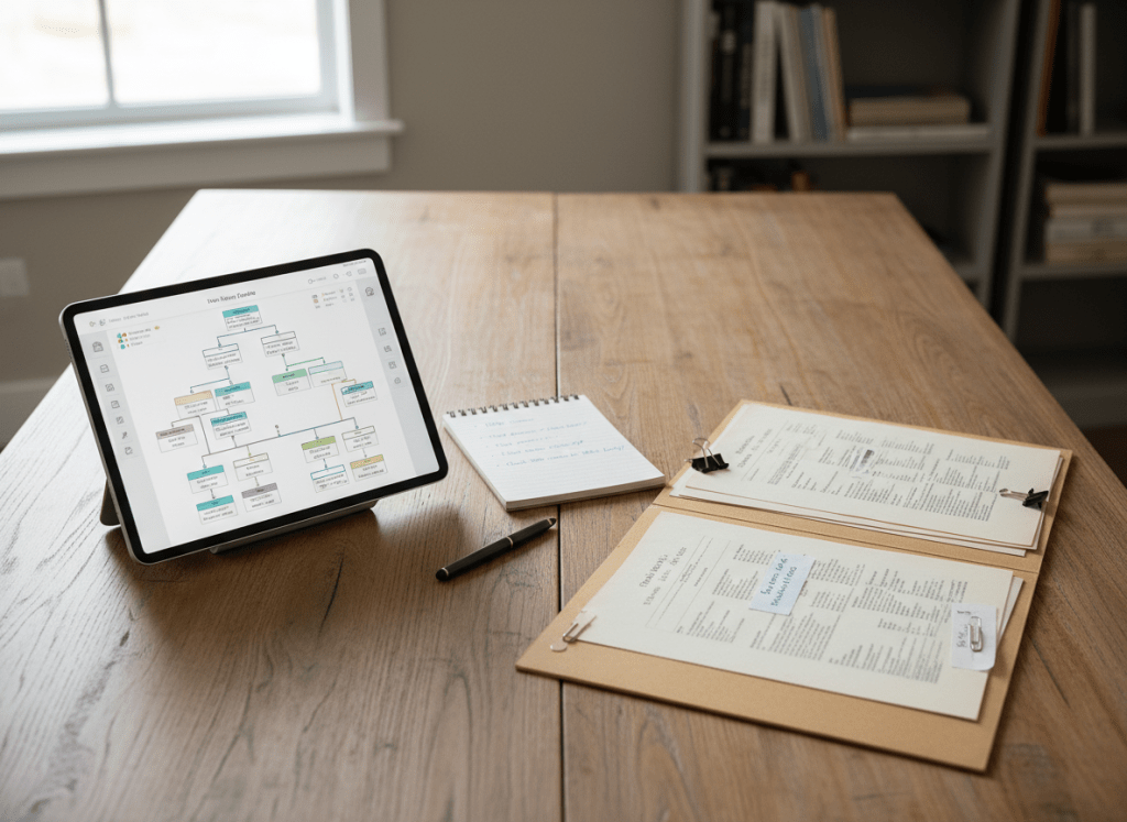 A split layout on a wide wooden table, contrasting two approaches to genealogy research. On the left, an open, elegantly designed family tree software interface on a sleek tablet, showing clearly defined ancestor boxes and subtle color-coding. On the right, an open archival folder with typed census record copies and neatly clipped transcriptions. Between them lies a fine-tipped pen and a simple notepad with bullet-point research questions. Neutral-toned walls and a blurred bookshelf background create a distraction-free environment. Soft, overcast natural light from a nearby window gives a gentle, even illumination. Photographic realism, shot from a slightly elevated angle with the focal point at the center divide, promoting a balanced, professional view of digital and traditional genealogy methods.